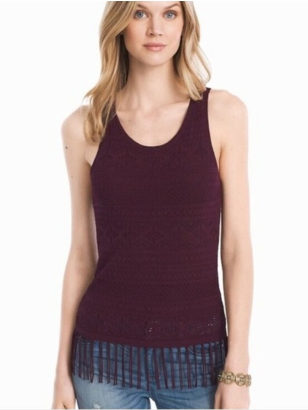 White House Black Market Cabernet Fringe Hem Crochet Tank Top Womens Size Medium